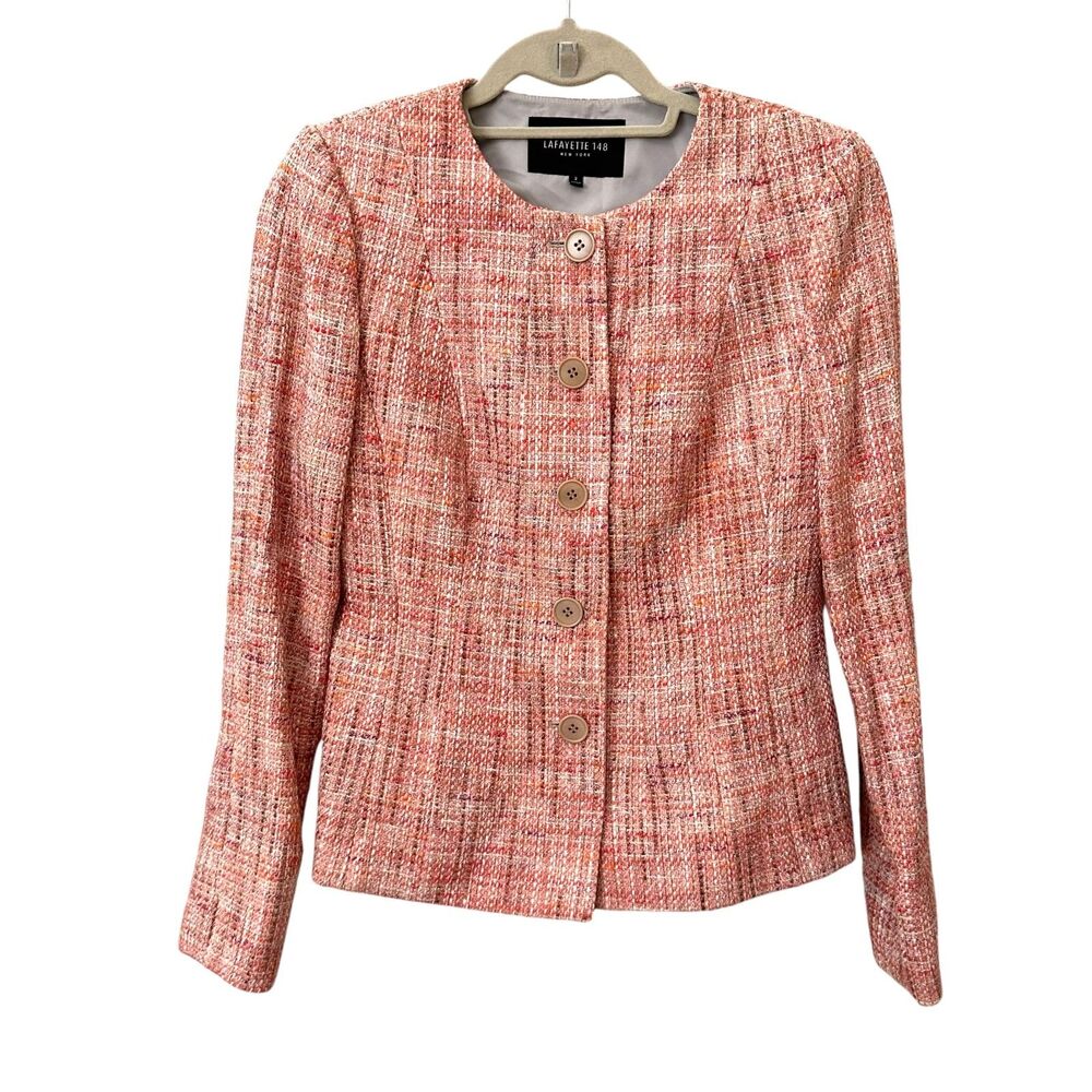 LAFAYETTE 148‎ Buttoned Tweed Blazer Pink Sz2
